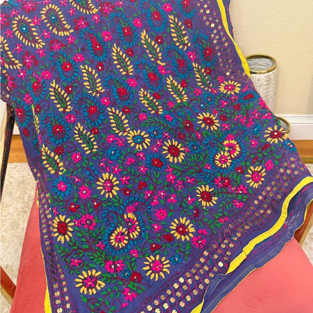 Indian Phulkari Embroidered Scarf / Dupatta Handmade Made and Bought in India - Picture 3 of 5